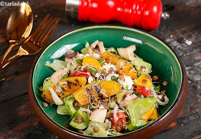 antioxidant protein rich salad recipe | antioxidant vegetable, whole masoor and feta cheese Indian salad | healthy sprouts, lettuce one dish veg salad |