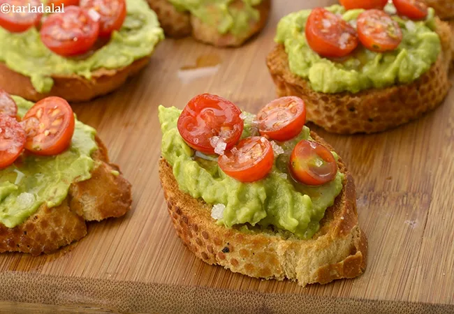 avocado and cherry tomato crostini recipe | tomato crostini with avocado | avocado tomato bruschetta | easy avocado bruschetta