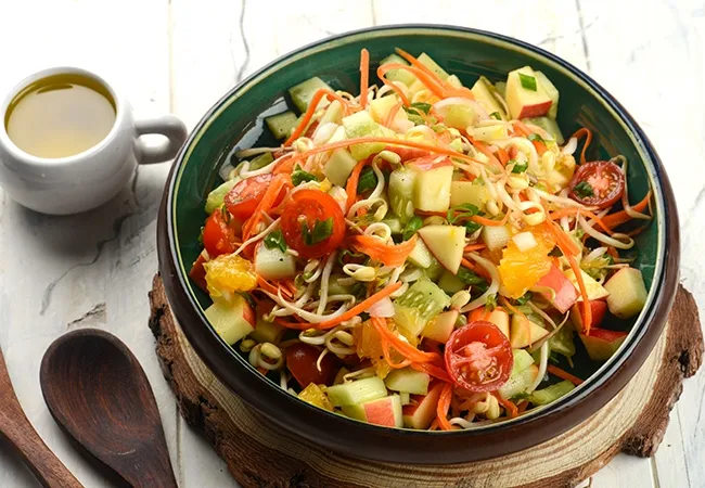 bean sprouts and apple salad recipe | tomato sprouts carrot salad | Indian healthy sprouts, fruits and vegetable salad |