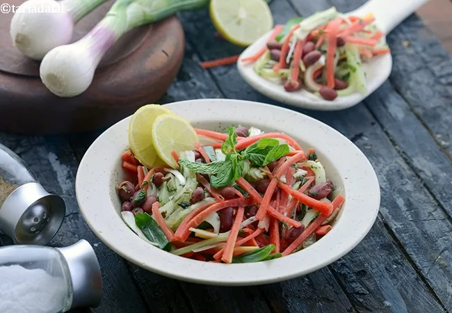 carrot cucumber and rajma Salad in mint dressing recipe | vegetable salad with mint and lemon dressing | healthy weight loss vegetable salad | healthy Indian salad recipe for weight loss