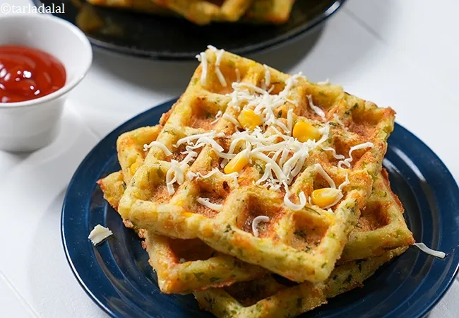cheesy corn rava waffle recipe | Indian style sweet corn rava waffle | crispy corn cheese waffles |