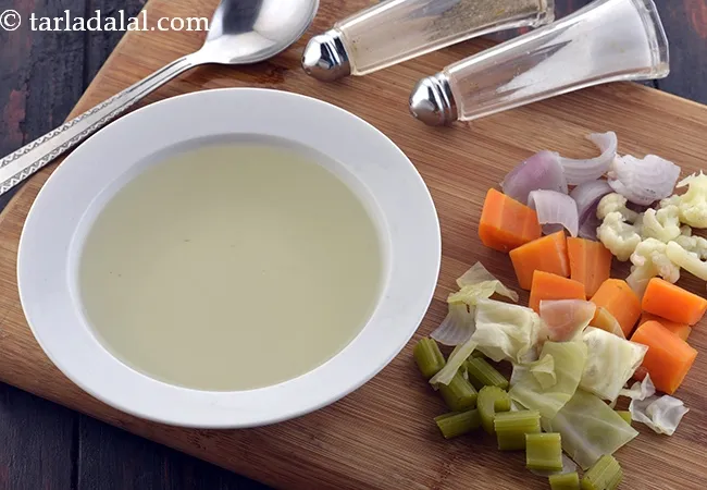 clear vegetable stock recipe | clear vegetable stock for soups | how to make clear vegetable stock | vegetable stock for Chinese dishes |