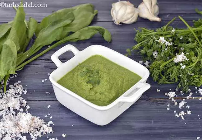 coriander coconut chutney recipe | dosa green chutney | coconut coriander green chutney for idlis, dosas, uttapam |