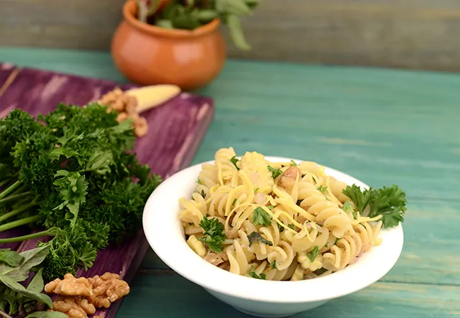 Fusilli with Baby Corn and Walnuts