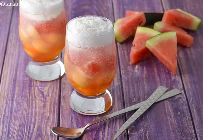 melon and ice cream fizzy drink recipe | watermelon ice cream soda float | how to make melon float | Indian mocktail recipe |