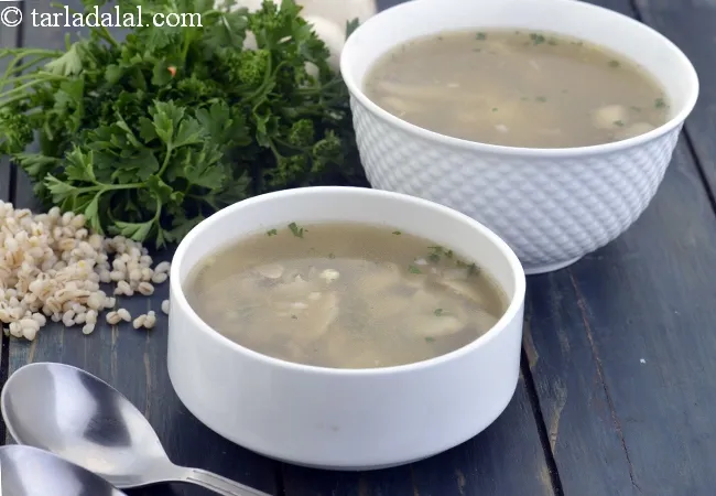 mushroom soup with barely recipe | Indian barley mushroom soup | healthy vegan barley mushroom soup |