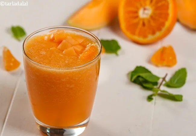 muskmelon and orange juice | kharbuja santra antioxidant rich juice | healthy Indian cantaloupe and orange drink