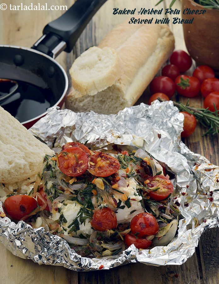 baked herbed feta cheese with bread recipe | baked feta cheese with herbs |