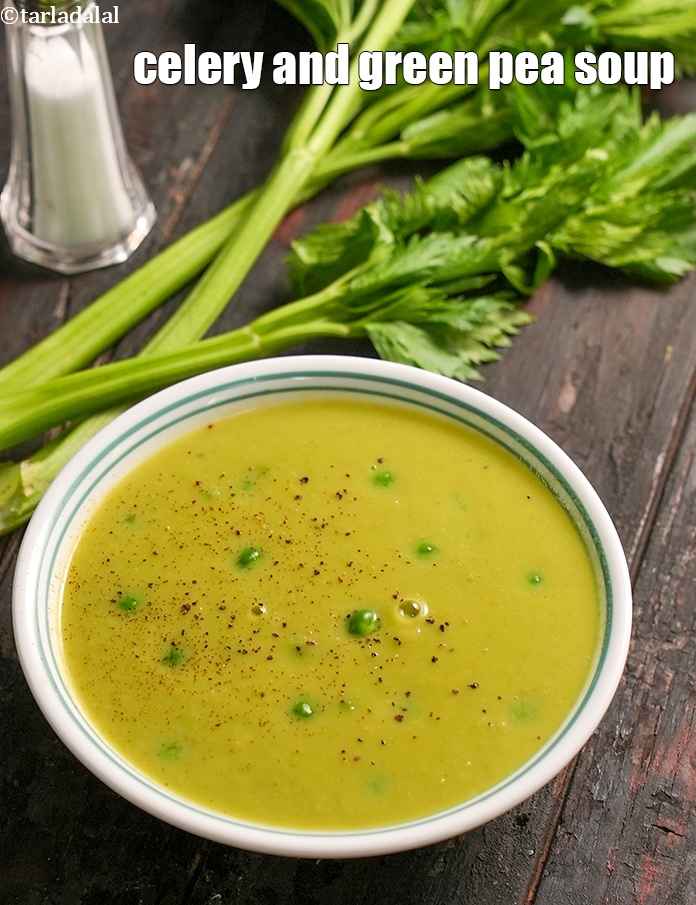 celery and green pea soup recipe | healthy Indian green pea and celery soup | ajmoda matar soup |