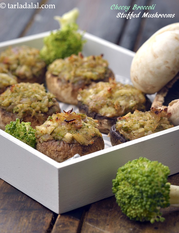 cheesy broccoli stuffed mushrooms recipe | broccoli cheese stuffed mushrooms |
