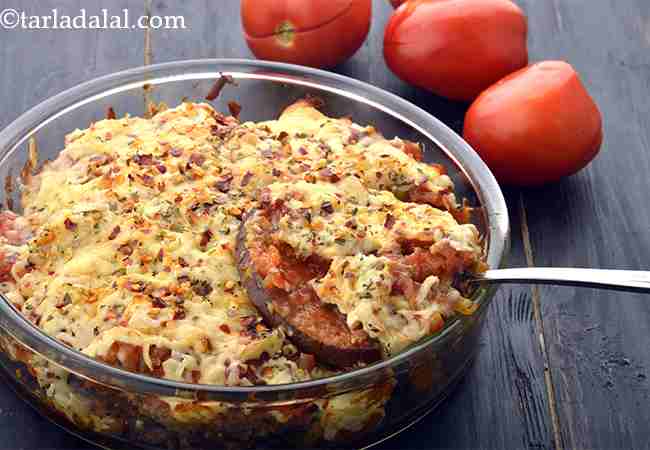 Baked Cheesy Eggplant in Tomato Salsa, with Eggs