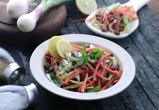 कॅरट, कुकुम्बर एण्ड राजमा सलाद इन मिन्ट ड्रेसिंग - Carrot Cucumber and Rajma Salad in Mint Dressing