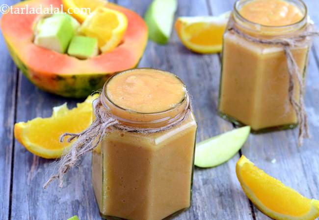 पपाया, ग्रीन एप्पल एण्ड ऑरेन्ज स्मूदी - Papaya, Green Apple and Orange Smoothie