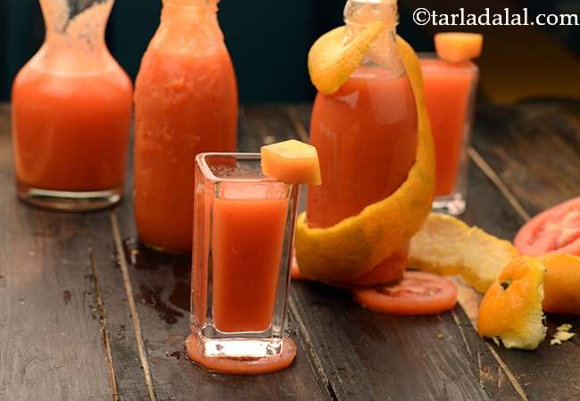 टमॅटो, ऑरेन्ज, कॅरट एण्ड पपाया ज्यूस - Tomato, Orange, Carrot and Papaya Juice