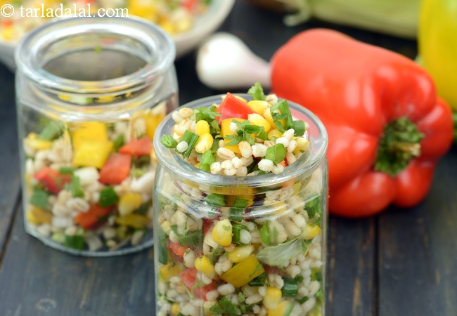 barley corn salad recipe | barley vegetable corn salad | healthy Indian barley corn salad |