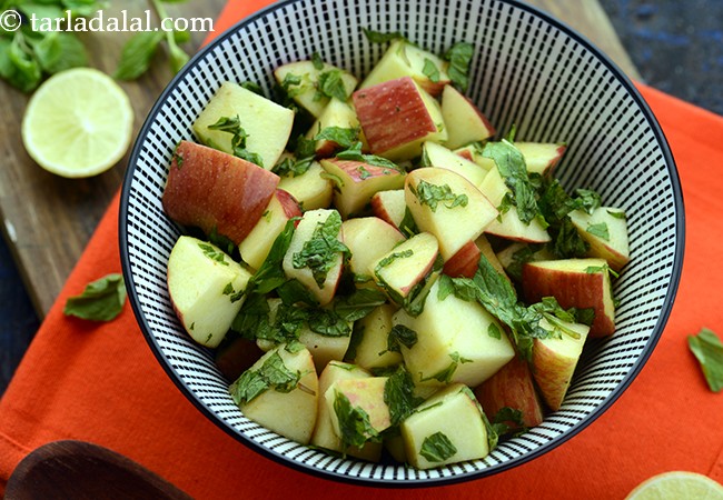 minty apple salad recipe | healthy mint apple salad | apple pudina salad | mint and apple salad with lemon ginger dressing