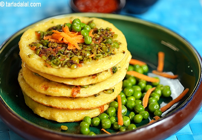 moong dal uttapam recipe | moong dal chilla | healthy moong dal uttapam with green peas and carrots | protein, vitamin B1, folic acid rich moong dal uttapam |