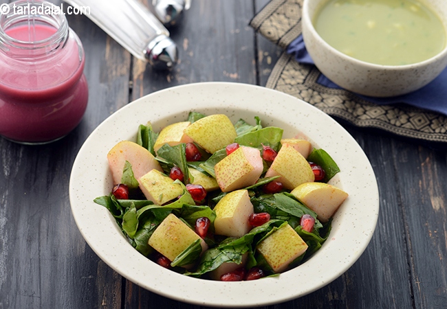 નાસપાતી અને દાડમનું સલાડ રેસીપી | દાડમનું સલાડ | સ્વસ્થ પાલક અને દાડમનું સલાડ | Pear Pomegranate and Spinach Salad, Indian Pomegranate and Pear Green Salad