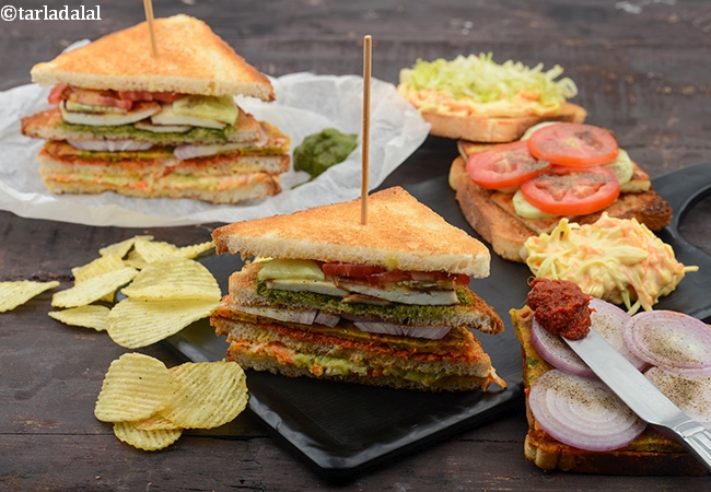 वेज क्लब सैंडविच चीला के साथ रेसिपी | इंडियन वेज चीला क्लब सैंडविच | देसी क्लब सैंडविच | Veg Club Sandwich with Chilla