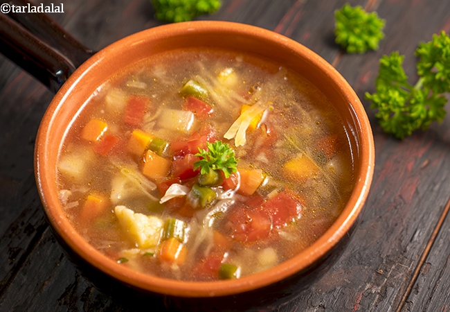 winter vegetable soup recipe | hearty winter vegetable Indian soup | chunky healthy winter vegetable soup |